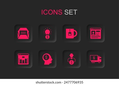 Set Business man planning mind, Light bulb with dollar, Envelope, investor, Resume, Armored truck, Cup of tea and Browser stocks market icon. Vector