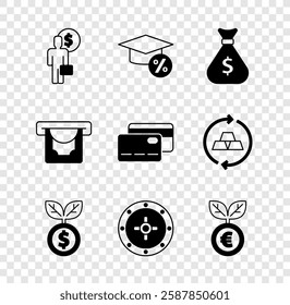 Set Business man planning mind, Graduation cap and coin, Money bag, Dollar plant, Safe, Euro, ATM money and Credit card icon. Vector