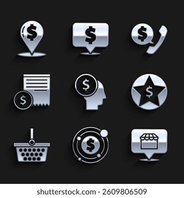 Set Business man planning mind, Online shopping concept, Star and, Shopping basket, Paper check financial check, Telephone handset speech bubble chat and Cash location icon. Vector
