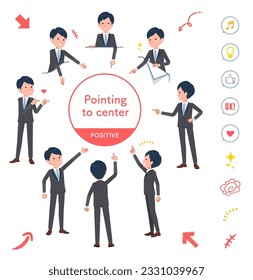 A set of business man pointing in different directions.Positive expression.It's vector art so easy to edit.