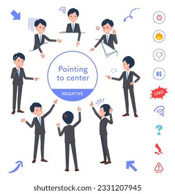 A set of business man pointing in different directions.negative expression.It's vector art so easy to edit.