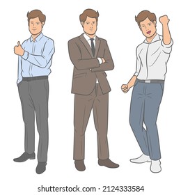 Set of business man poses. Vector illustration