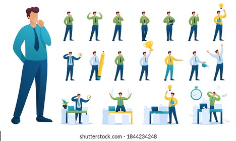 Set of Business Man. Presentation in various in various poses and actions. 2D Flat character vector illustration.