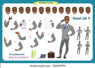 Set of business man presenting in various action.Happy young black African men in business suit.People character. Face,body elements for design, animation work.Isolated vector on white. Flat