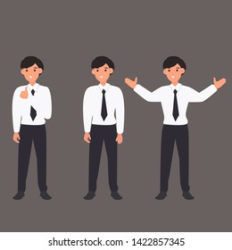 Set of business man standing different poses. Vector flat design illustration isolated.