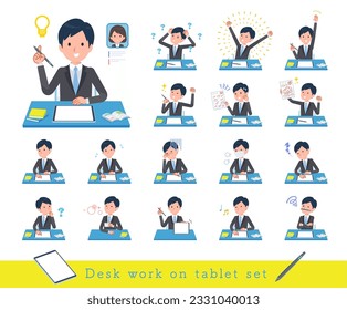 A set of business man studying on a tablet device.It's vector art so easy to edit.