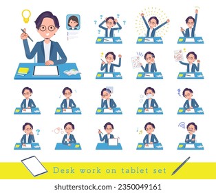 A set of business man studying on a tablet device.It's vector art so easy to edit.