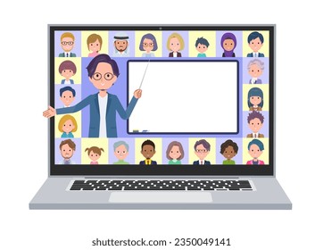 A set of business man teaching lessons online.It's vector art so easy to edit.