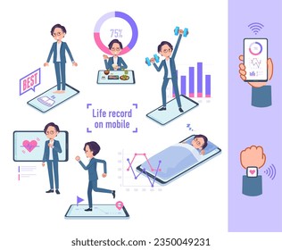 A set of business man who manage their behavior and health on their smartphones.It's vector art so easy to edit.