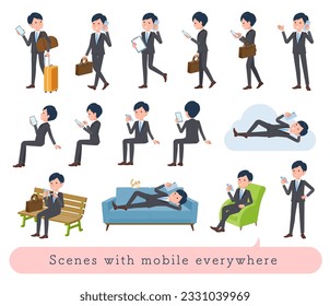 A set of business man who uses a smartphone in various scenes.It's vector art so easy to edit.