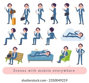 A set of business man who uses a smartphone in various scenes.It's vector art so easy to edit.