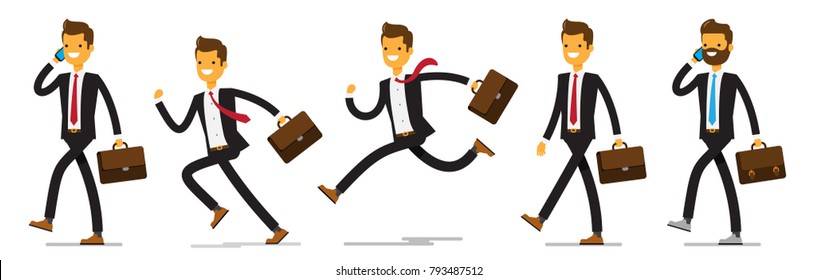 Set of business man and business woman characters working in office. Walking and runVector illustration design isolated on white background.