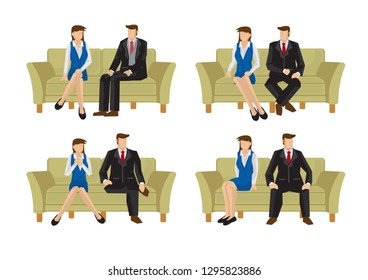 A set of Business man and woman sitting on the couch. Concept of relationship in the office. Vector illustration.