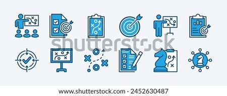 Set of business management action plan icon. Containing planning, strategy, analysis, target, goal, tasks, schedule, objective, aim, presentation, teamwork, achievement, meeting. Vector illustration