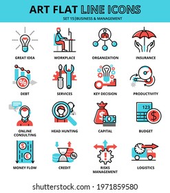 Set of Business and Management icons, flat line design vector illustration, for graphic and web design