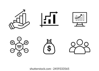  conjunto de iconos de negocio y gestión. Iconos de crecimiento, gráfico, dinero, grupo de personas y análisis.