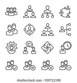 Set of business management in modern thin line style. High quality black outline organize symbols for web site design and mobile apps. Simple business team filter pictograms on a white background.