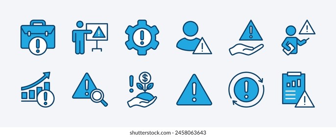 Set of business management risk icon. Containing warning or caution chart, investment, plan, employee, analysis, finance, process, infographic, information data, workbag. Vector illustration