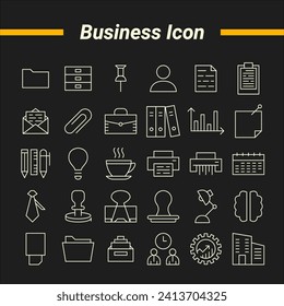 Conjunto de administración de negocios, estacionario, icono de arte de línea de Office aislado en el fondo oscuro, icono de vector editable, icono de vector de alta calidad