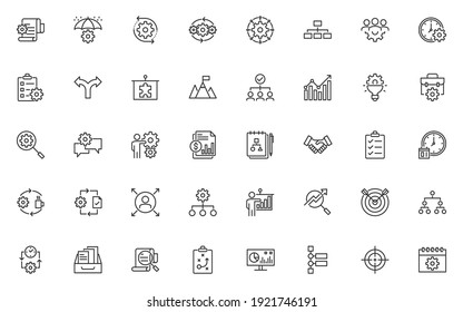 set of business management thin line icons, organization, process, planning, working