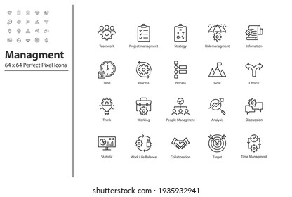 set of business management thin line icons 64x64 px