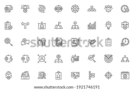 set of business management thin line icons, organization, process, planning, working