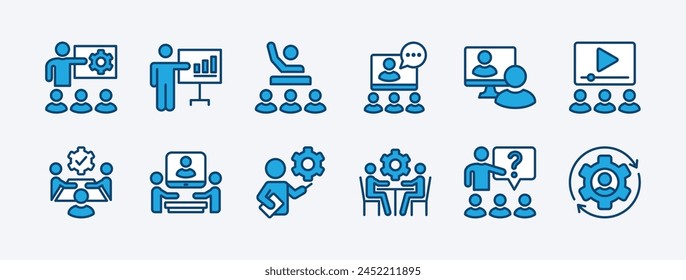 Set of business management training icon. Containing learning, workshop, education, classroom, instructing, course, presentation, coaching, meeting, online video, interview. Vector illustration