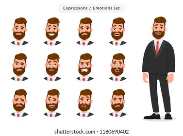 Set of business man's facial different expressions. Business man emoji character with different emotions. Emotions and body language concept illustration in vector cartoon style.