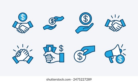 Conjunto de iconos de marketing empresarial. Contiene patrocinador, Acuerdo, donación, apretón de manos, colaboración, confianza, dinero, medios sociales, megáfono, campaña, compra, donación. Ilustración vectorial