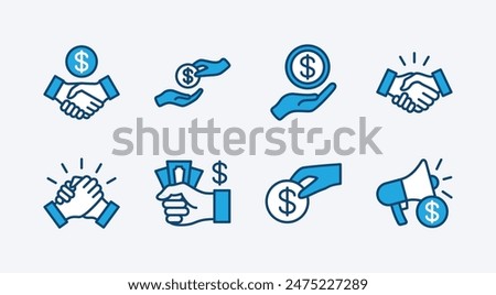 Set of business marketing icon. Containing sponsor, agreement, donation, handshake, partnership, trust, money, social media, megaphone, campaign, purchase, donation. Vector illustration