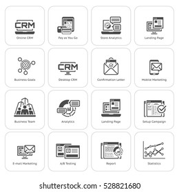 Set of Business and Marketing Icons as CRM, Store Analytics, Landing Page, Business Goals. Confirmation Letter, Marketing, Business Team, Analytics, Setup Campain, AB Testing, Report Statistics