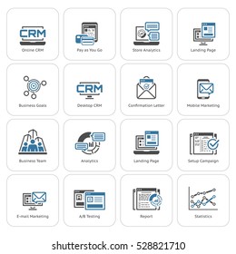 Set of Business and Marketing Icons as CRM, Store Analytics, Landing Page, Business Goals. Confirmation Letter, Marketing, Business Team, Analytics, Setup Campain, AB Testing, Report Statistics