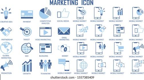 Set of Business  Marketing Strategy Payment Social media Creative Related Vector flat Icons. 
Contains  Mail  Marketing, Target  Audience, Keywording, 
Product Presentation.
