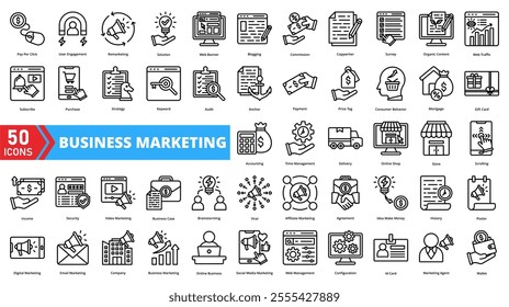 Set of business marketing web icons in line style. Containing branding, strategy, campaign, customer, sales, advertising, promotion, growth, outreach, analytics