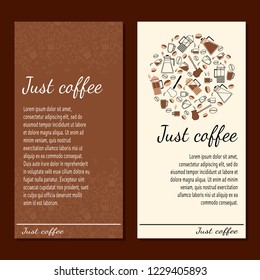 A set of business materials on the coffee theme. Two banners with images of coffee accessories and coffee beans.
