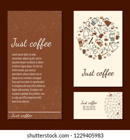 A set of business materials on the coffee theme. Banner, sticker, business card for shops and coffee shops.