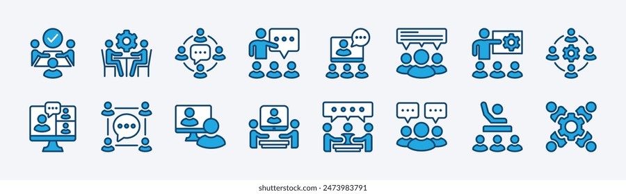 Set of business meeting icon. Containing training, workshop, education, communication, discussion, coaching, online video, presentation, learning, conference, teaching, classroom. Vector illustration