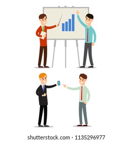 Set business meeting. Presentation. Two businessman working in office. Planning business and finance. Strategy discussion. Cartoon illustration isolated on white background in flat style.