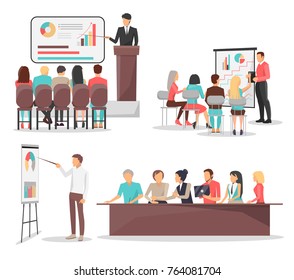 Set of business meeting trainings, leader with pointer showing graphics and schemes and workers listen to him vector illustration isolated on white