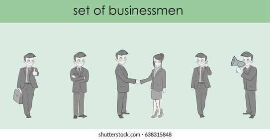 Set of business men in different poses. Hand drawn cartoon vector illustration for business design and infographics.