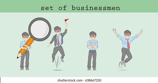 Set of business men in different poses. Hand drawn cartoon vector illustration for business design and infographics.