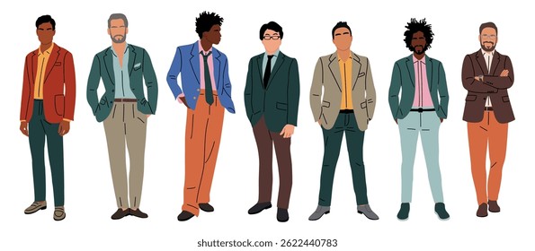 Set of Business men different races, ages and body types, walking and standing. Handsome male characters in formal suits, tuxedo. Multiracial business team. Business people vector collection.