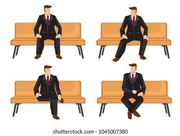 Set of business men in four sitting positions in sofa. Vector illustration design.