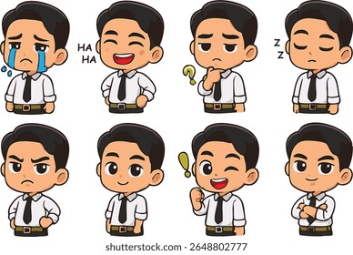 Set of business men illustrations in formal white shirts. Sticker style with various expressions. Cute kawai
