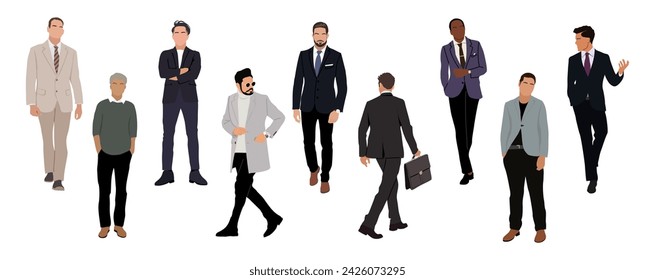 Set of business men standing, walking isolated.