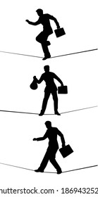 Set of business men walks on wire tightrope silhouette vector