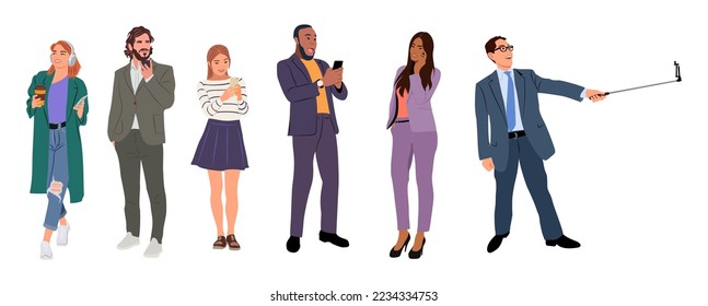 Set of business men and women holding smartphones and texting, talking, listening to music, taking selfie. Group of male and female cartoon characters with mobile phones. Flat Vector illustration.