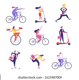 Set of Business Men and Women Riding Monowheel, Scooter, Bicycle and Skateboard Isolated on White Background. Businesspeople Racing in Finance Leadership Competition. Cartoon Flat Vector Illustration