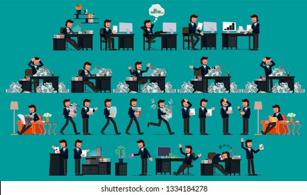 Set. Business metmet works with paper documents. Vector stock illustration, flat design drawing.
