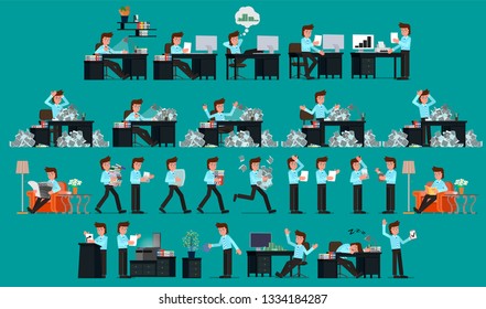 Set. Business metmet works with paper documents. Vector illustration, flat design drawing.